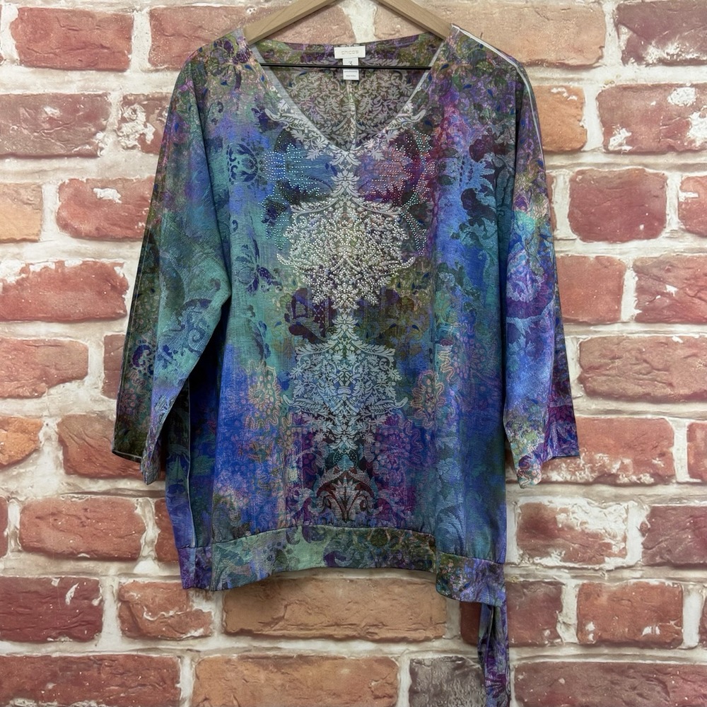 Chicos Top Women's XL Multicolor Boho Floral Abstract Tie Bottom Casual Shirt - Picture 6 of 8